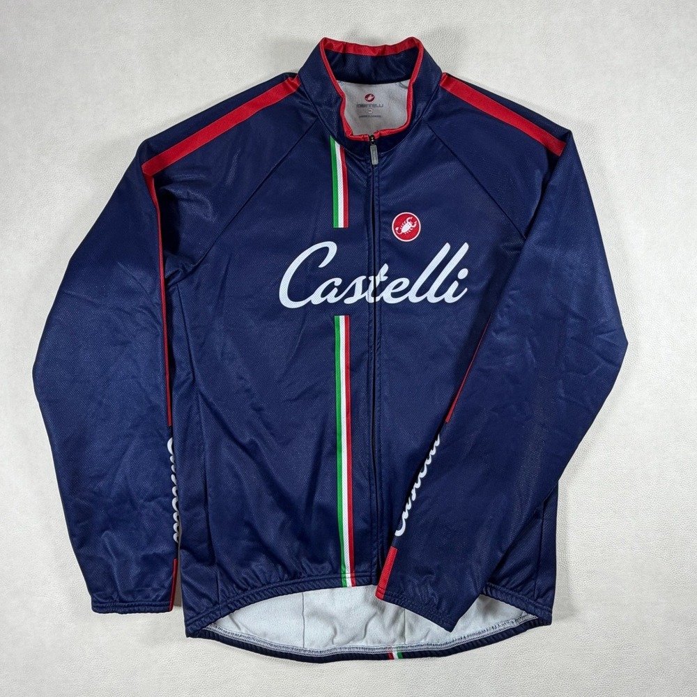 Castelli Mens XXL Navy Blue Full Zip Cycling Jacket Fleece Lined Italian Stripe